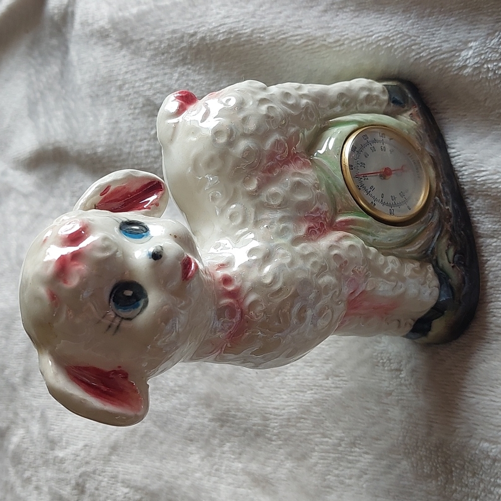 Vintage 50s Kitsch ceramic Lustre lamb with working thermometer Japan